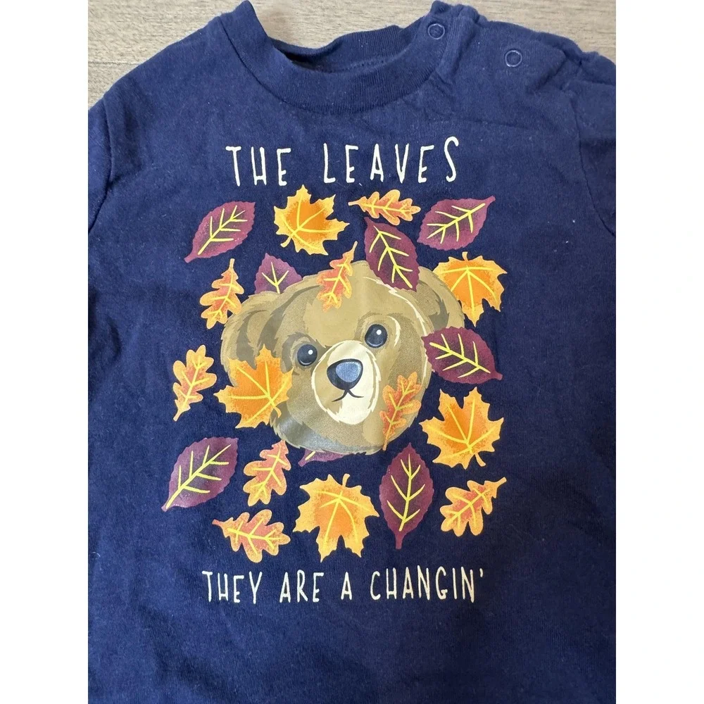 Ralph Lauren Shirt Boys 12M Navy Fall Leaves‎ Bear Graphic Tee Shoulder Snaps